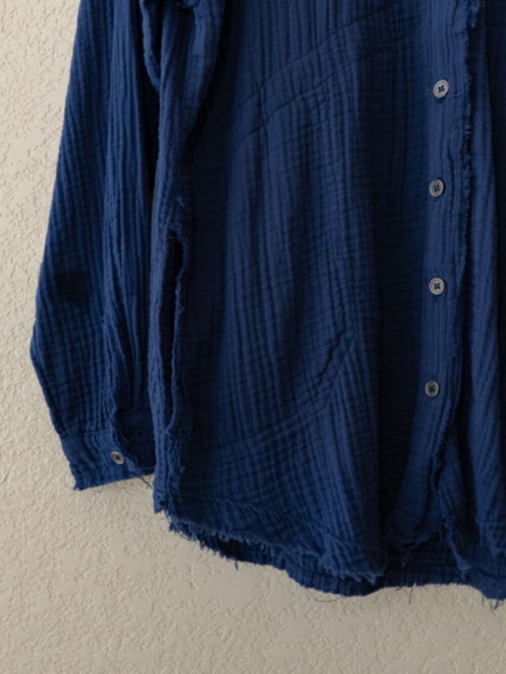 Zenana Gauze Button Up Shirt Blue Raw Hem Oversized Pocket Top Cotton Small - Picture 6 of 13